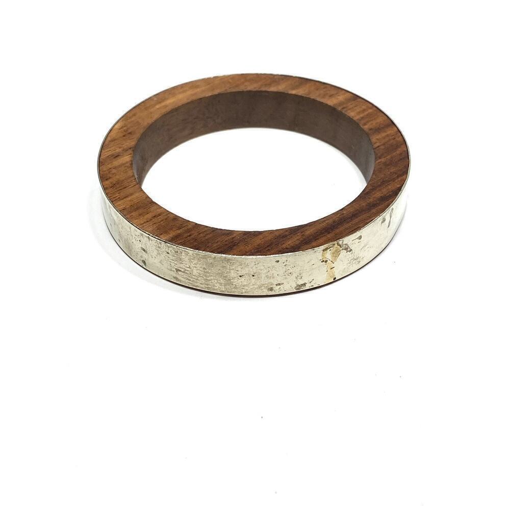 Bracelet Bangle Vintage Modernist Wood Silver Tone Metal 8” Estate